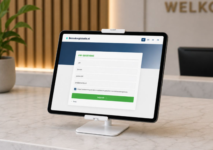 Bezoekregistratie.nl op een tablet bij de balie